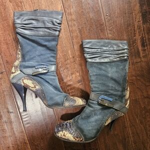 Elegant Blue and Brown Heeled Boots
